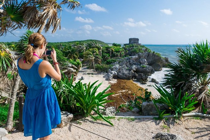 4 PLACES 1 DAY Tour to Coba and Tulum Ruins, Cenote and Playa del Carmen. - Tulum: Maya ruins above Paradise Beach