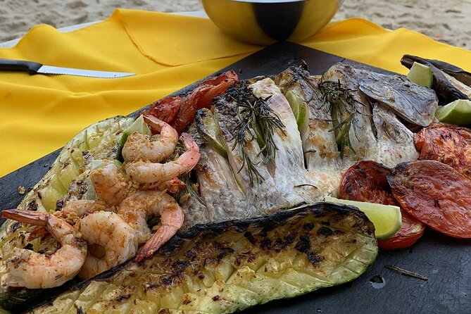 Cancun Beach Seafood Barbecue Class in a Kombi - Grilling shrimp, vegetables, octopus, and sardines